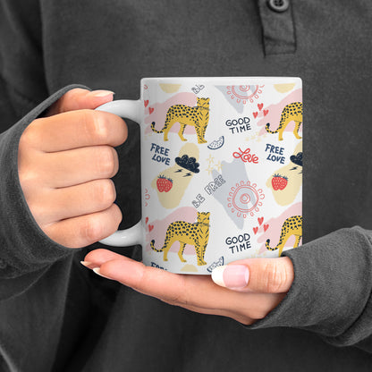 Colorful doodle cheetah and words pattern design White 330 ml Coffee Mug