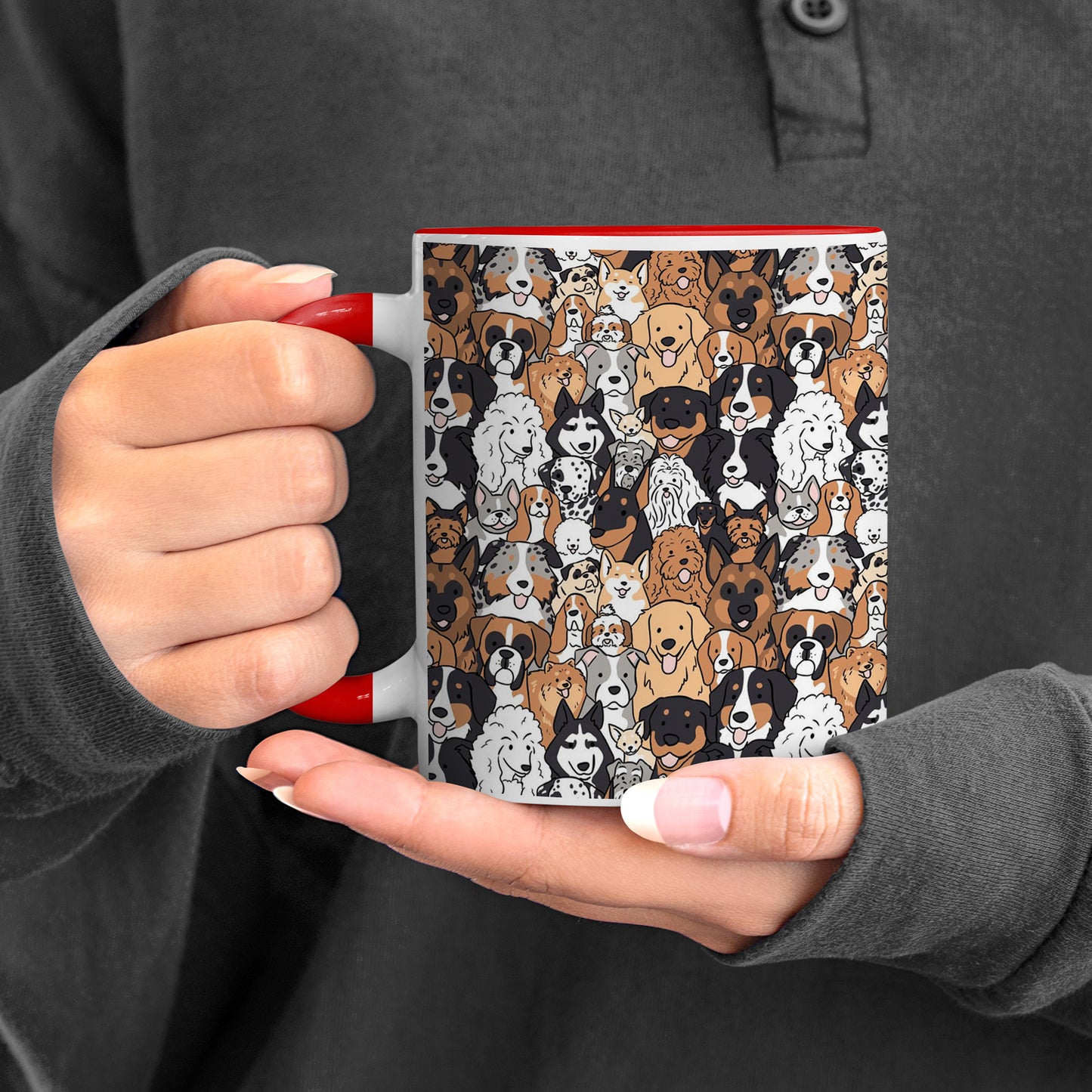 Multiple Dog Breeds Red Handle 330 ml Coffee Mug