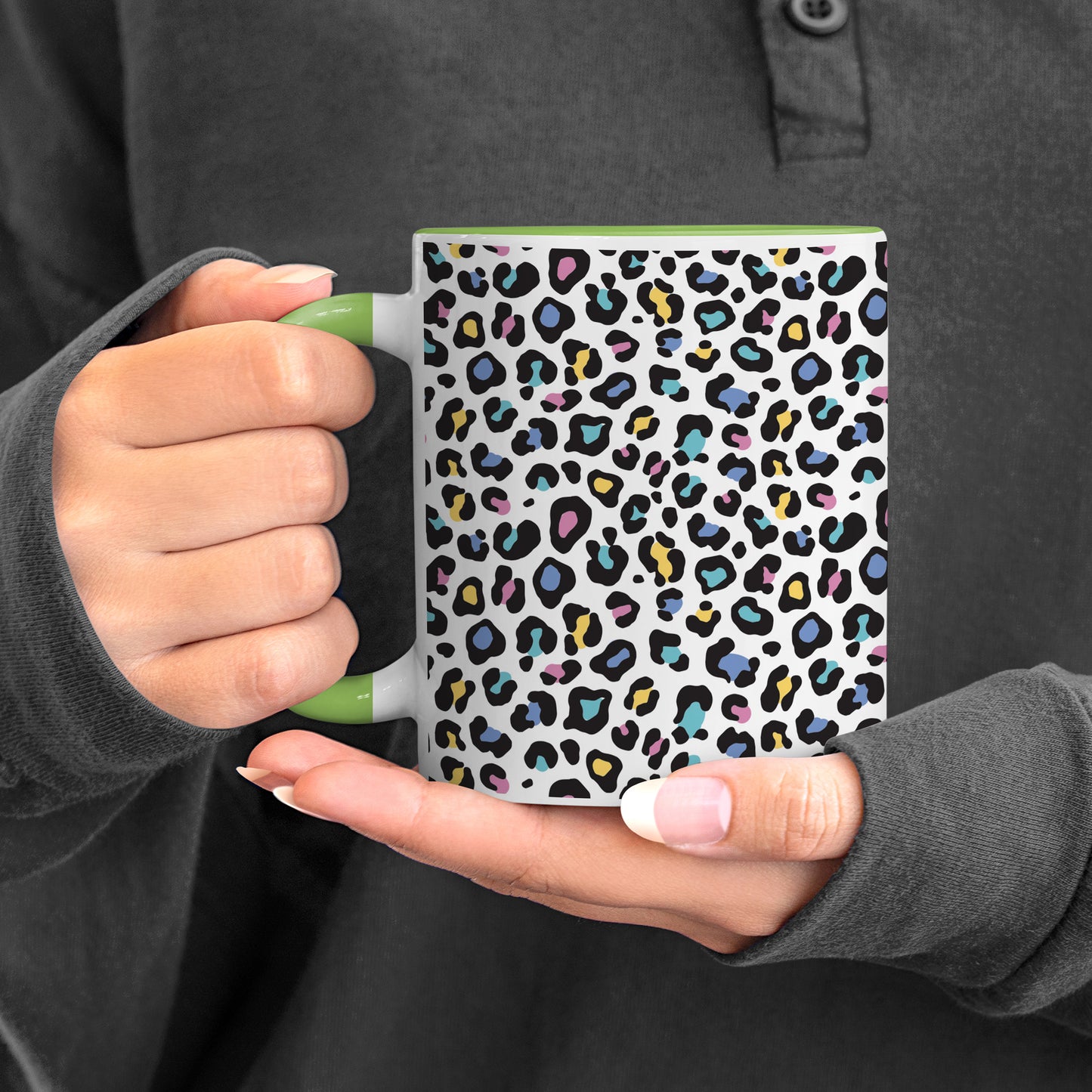 color full Vector leopard animal motif vector seamless pattern design Pattern Lite Green Handle 330 ml Coffee Mug