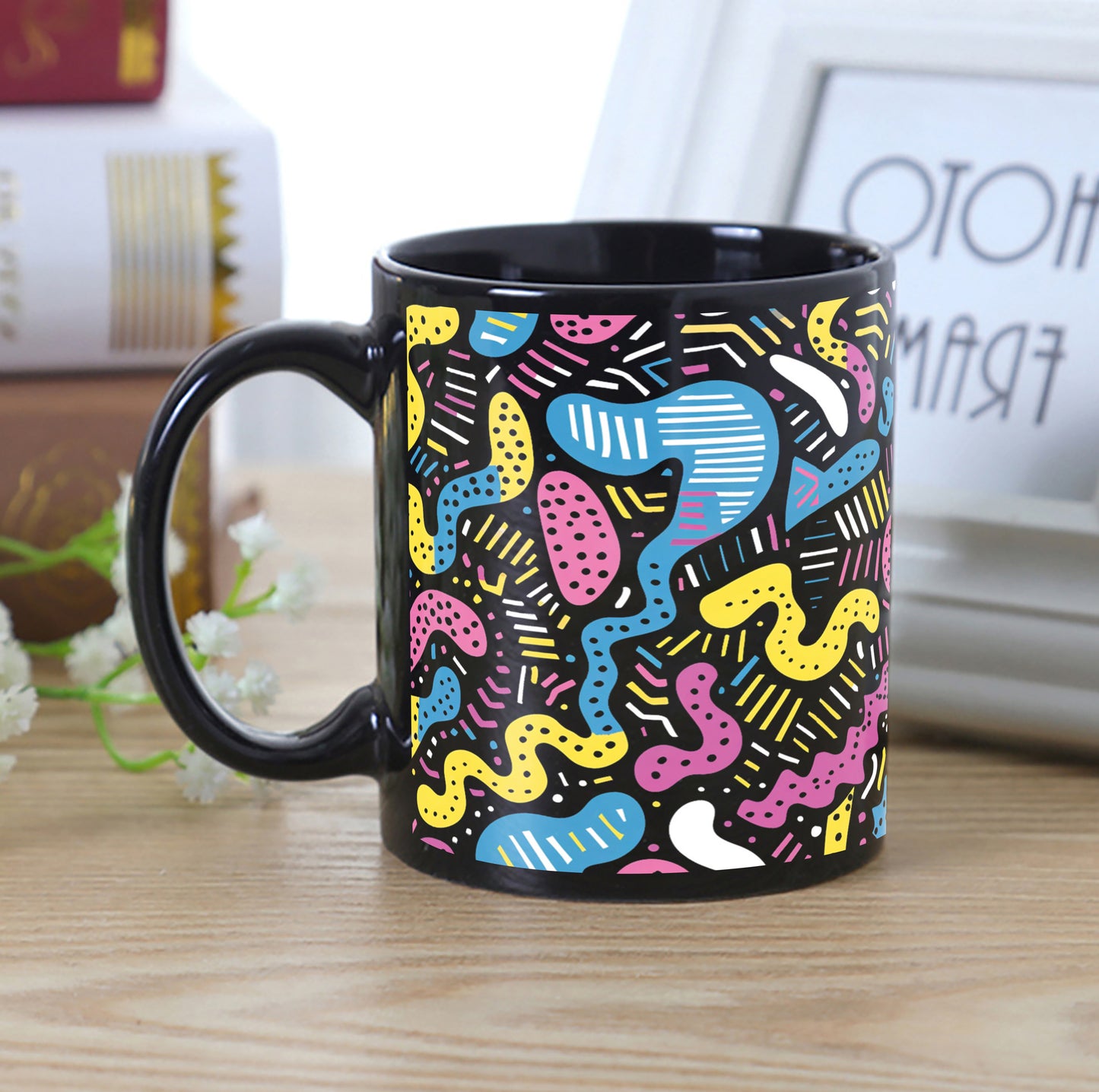 90s neon Abstract Shapes Combo Mugs and Coaster(Set of 2 Mugs and 2 coasters) 330 ml Full Black Coffee Mug