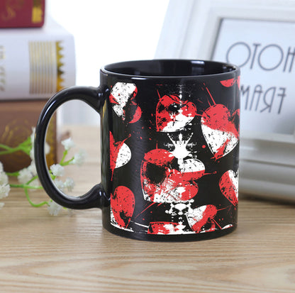 Red and White Stamped Hearts Pattern Combo Mugs and Coaster(Set of 2 Mugs and 2 coasters) 330 ml Full Black Coffee Mug