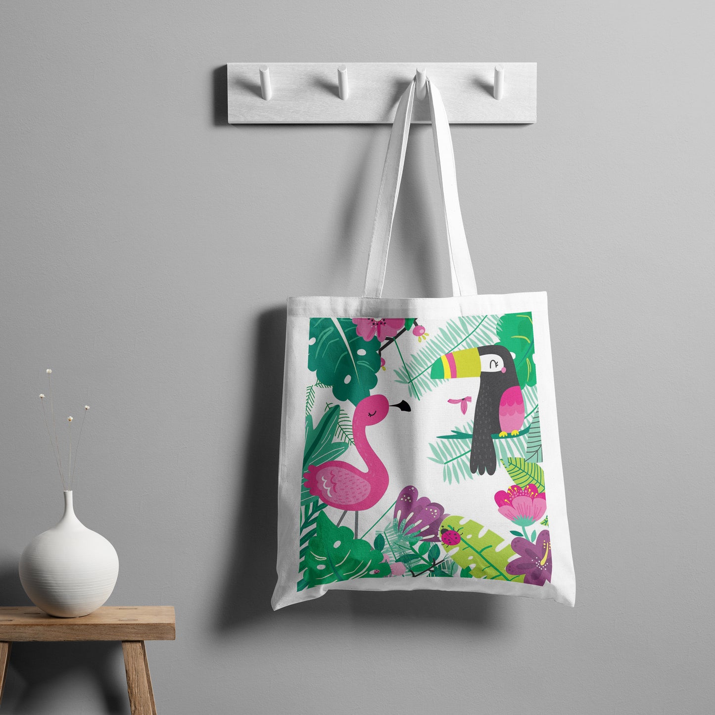 Flamingo and hornbill Design Tote Bag (14 X 16 Inches) Tote bag For Shopping, College, Travel