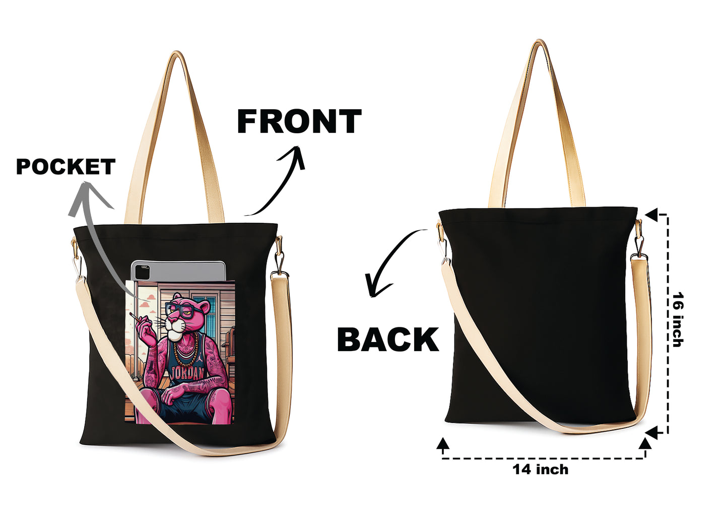 Pink panther Printed Women's Girls Cross Body Sling Bag with Extra Front Pocket, College Bag for Girls, Tote Bag for Shopping,Travel