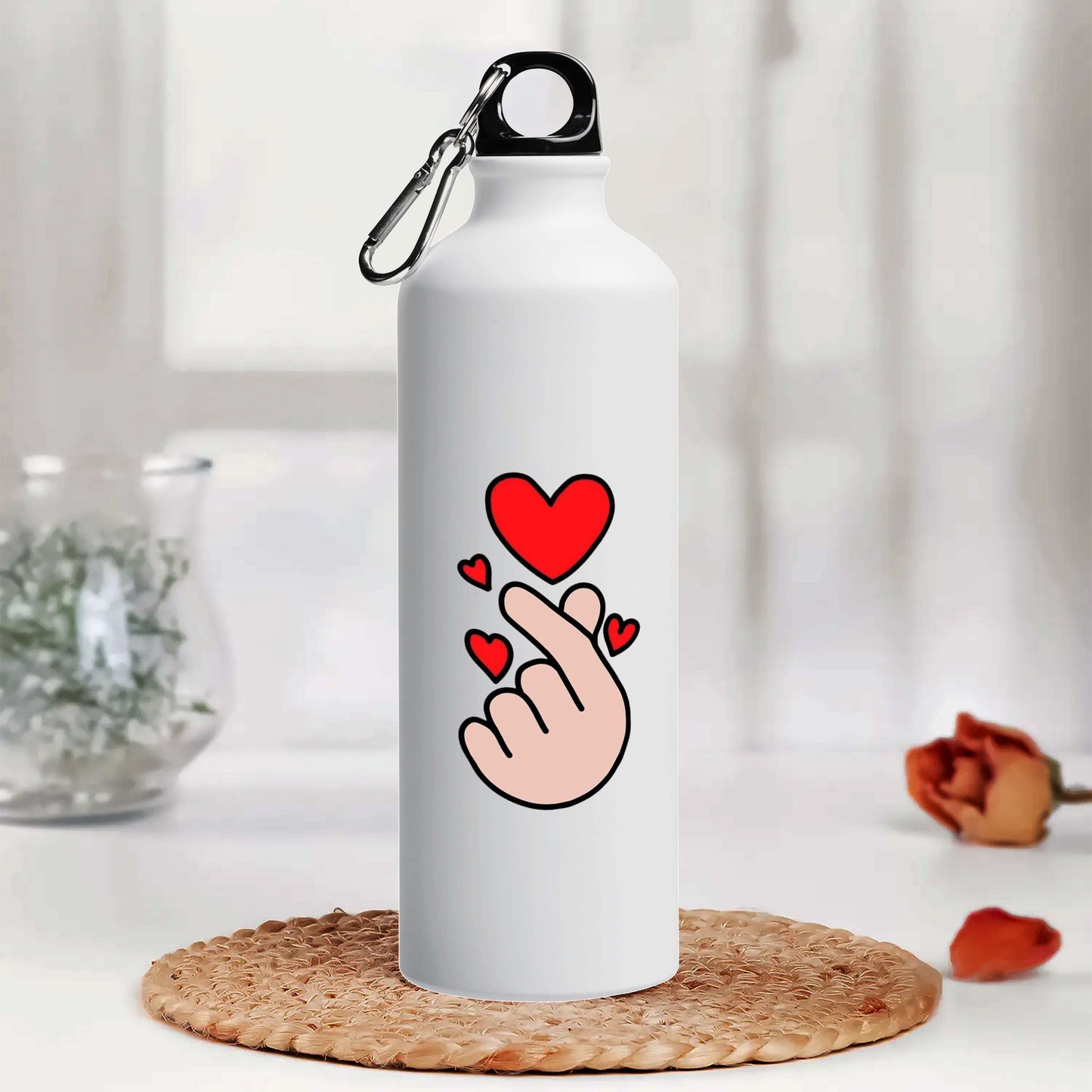 Finger With Heart Printed Aluminum Sipper Water Bottle 750 ml For Gym, Yoga, Kids, Boys, Girls, Brother, Sister, Babies, Baby, Workout, Adults
