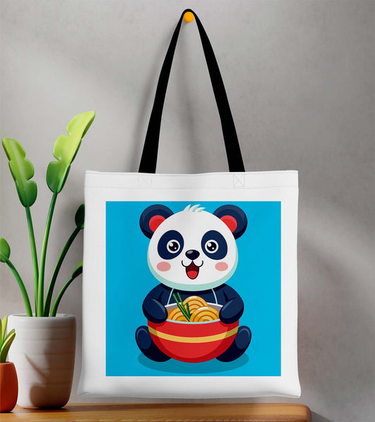 Eating Panda Printed Black Handle Tote Bag (14 X 16 Inches) For Shopping, College, Travel