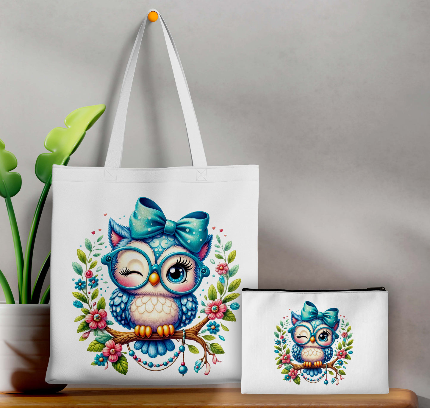 Blue owl Printed Design Tote Bag with Pouch Bag (14 X 16 Inches) For Shopping, College, Travel