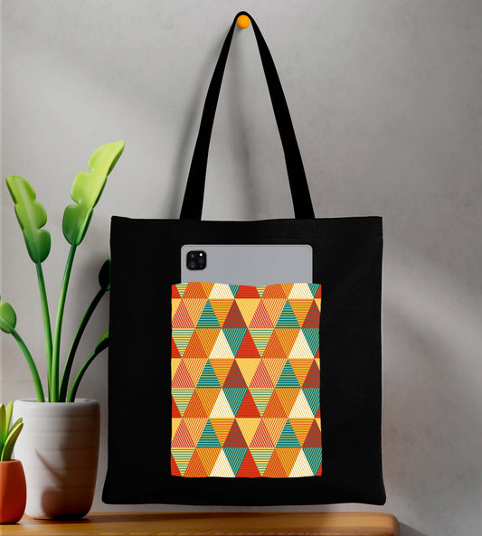 Abstract Triangle Design Printed Black With Pocket Tote Bag (14 X 16 Inches) For Shopping, College, Travel