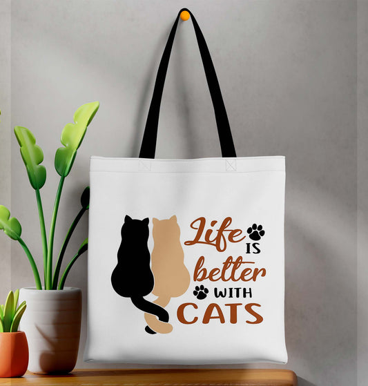 Life is Better with cats Printed Black Handle Tote Bag (14 X 16 Inches) For Shopping, College, Travel