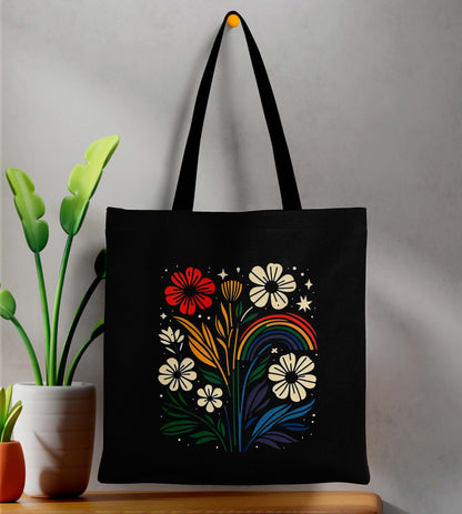 Colourful Flower Printed Black Tote Bag (14 X 16 Inches) For Shopping, College, Travel