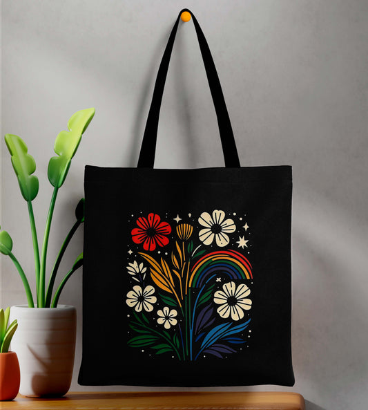 Colourful Flower Printed Black Tote Bag (14 X 16 Inches) For Shopping, College, Travel