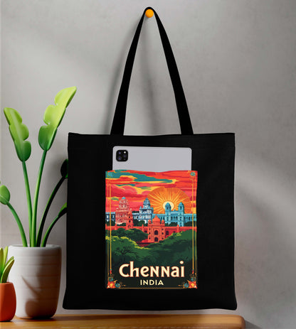Chennai India Design Printed Black With Pocket Tote Bag (14 X 16 Inches) For Shopping, College, Travel