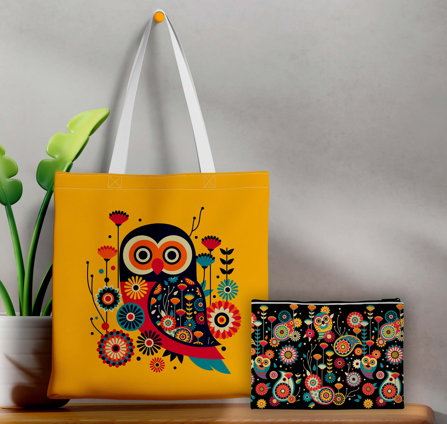 Owl Pattern Printed Design Tote Bag with Pouch Bag (14 X 16 Inches) For Shopping, College, Travel