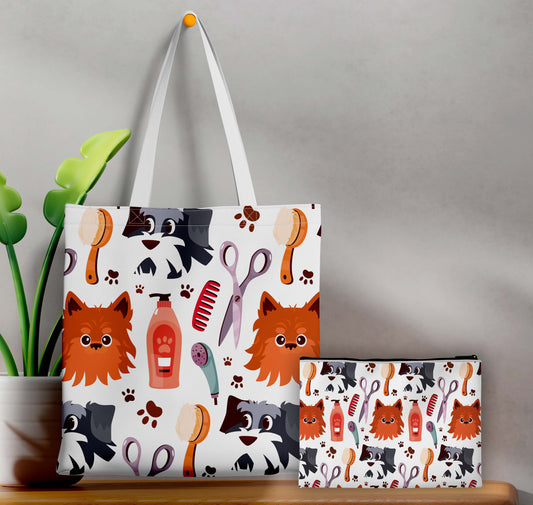Hand drawn pet grooming pattern Printed Design Tote Bag with Pouch Bag (14 X 16 Inches) For Shopping, College, Travel