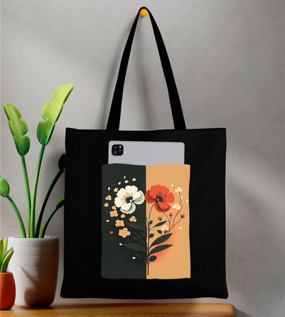 Flower Art 2 Design Printed Black With Pocket Tote Bag (14 X 16 Inches) For Shopping, College, Travel