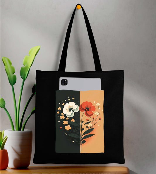 Flower Art 2 Design Printed Black With Pocket Tote Bag (14 X 16 Inches) For Shopping, College, Travel