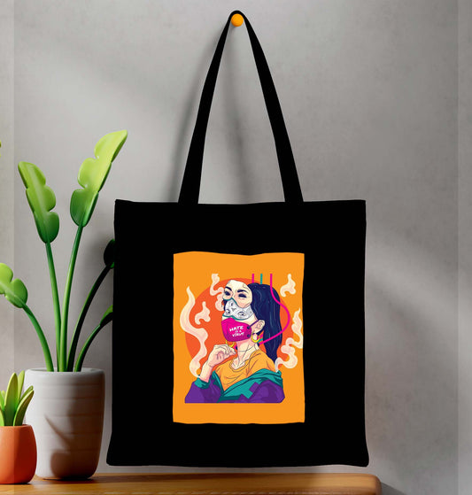 Facemask Girl Design Printed Black Patch With Pocket Tote Bag (14 X 16 Inches) For Shopping, College, Travel