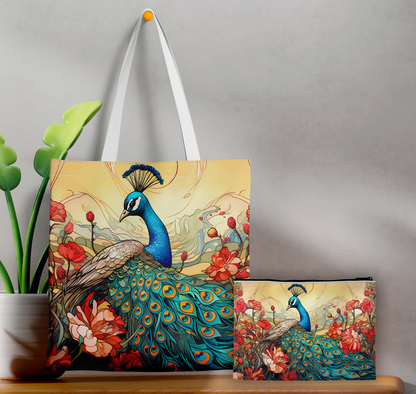Peacock Printed Design Tote Bag with Pouch Bag (14 X 16 Inches) For Shopping, College, Travel