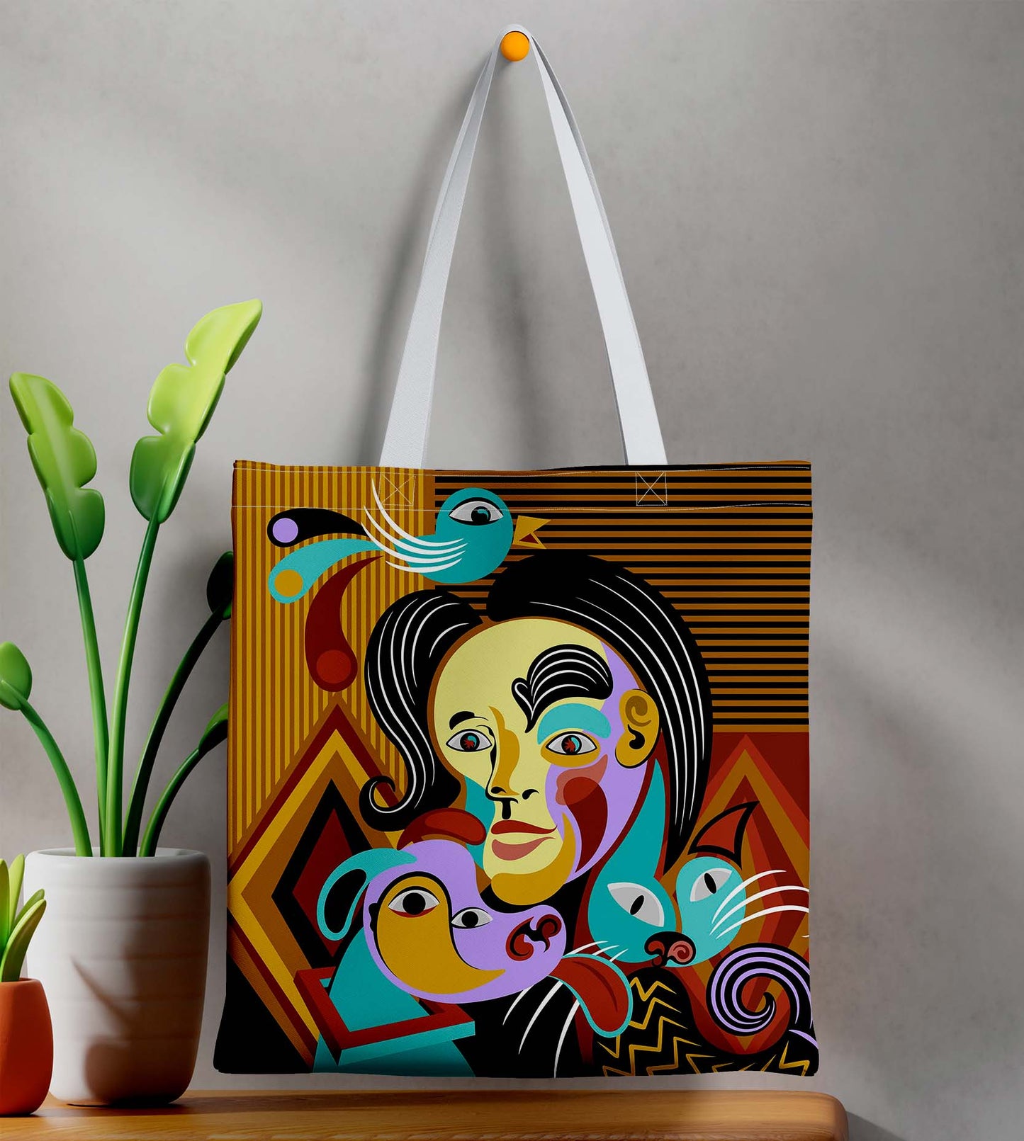 Abstract Face Printed White Tote Bag (14 X 16 Inches) For Shopping, College, Travel