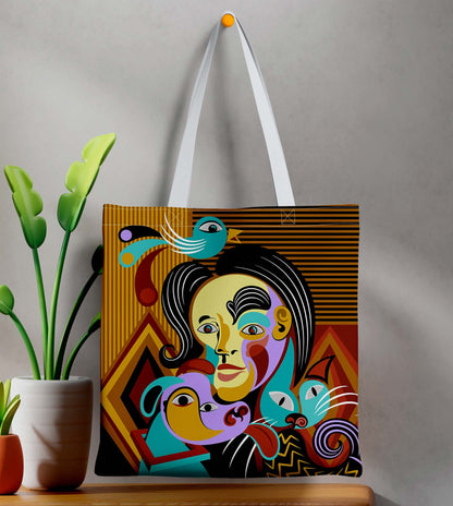 Abstract Face Printed White Tote Bag (14 X 16 Inches) For Shopping, College, Travel
