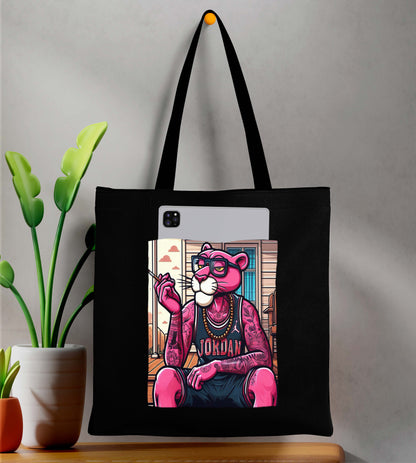 Pink panther Design Printed Black With Pocket Tote Bag (14 X 16 Inches) For Shopping, College, Travel