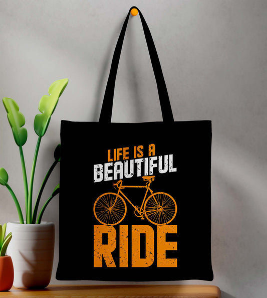 Life is beautiful Printed Black Tote Bag (14 X 16 Inches) For Shopping, College, Travel