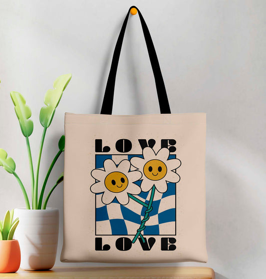 Love Flower Printed Black Handle Tote Bag (14 X 16 Inches) For Shopping, College, Travel