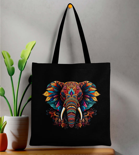 Colourful Elephant Printed Black Tote Bag (14 X 16 Inches) For Shopping, College, Travel