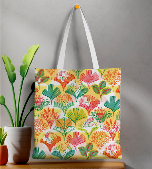 Watercolor flowers and human seamless pattern Printed Design White Tote Bag  (14 X 16 Inches) For Shopping, College, Travel
