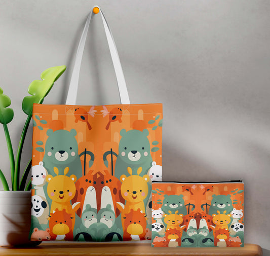 Cute Bear Printed Design Tote Bag with Pouch Bag (14 X 16 Inches) For Shopping, College, Travel
