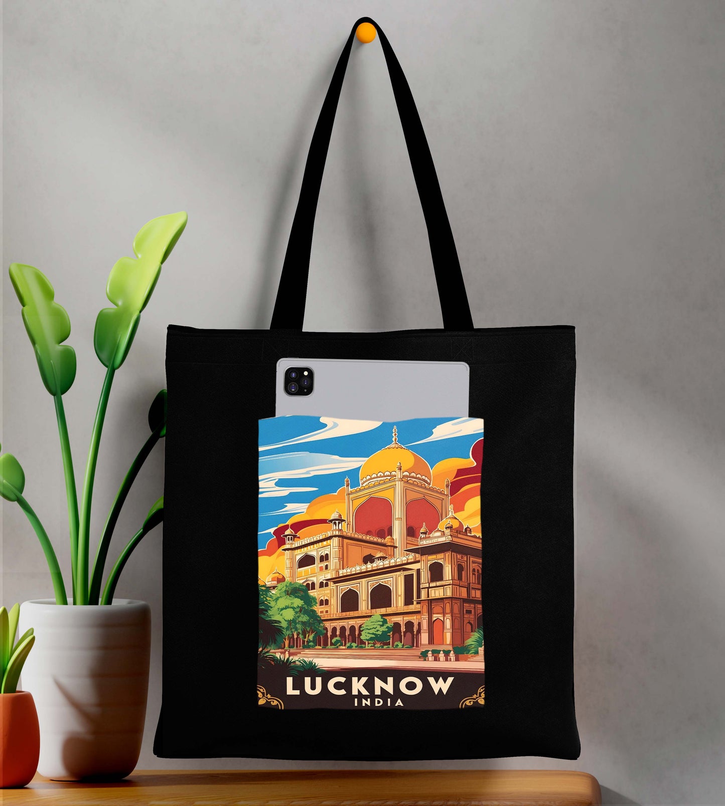 Lucknow India Design Printed Black With Pocket Tote Bag (14 X 16 Inches) For Shopping, College, Travel