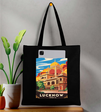 Lucknow India Design Printed Black With Pocket Tote Bag (14 X 16 Inches) For Shopping, College, Travel