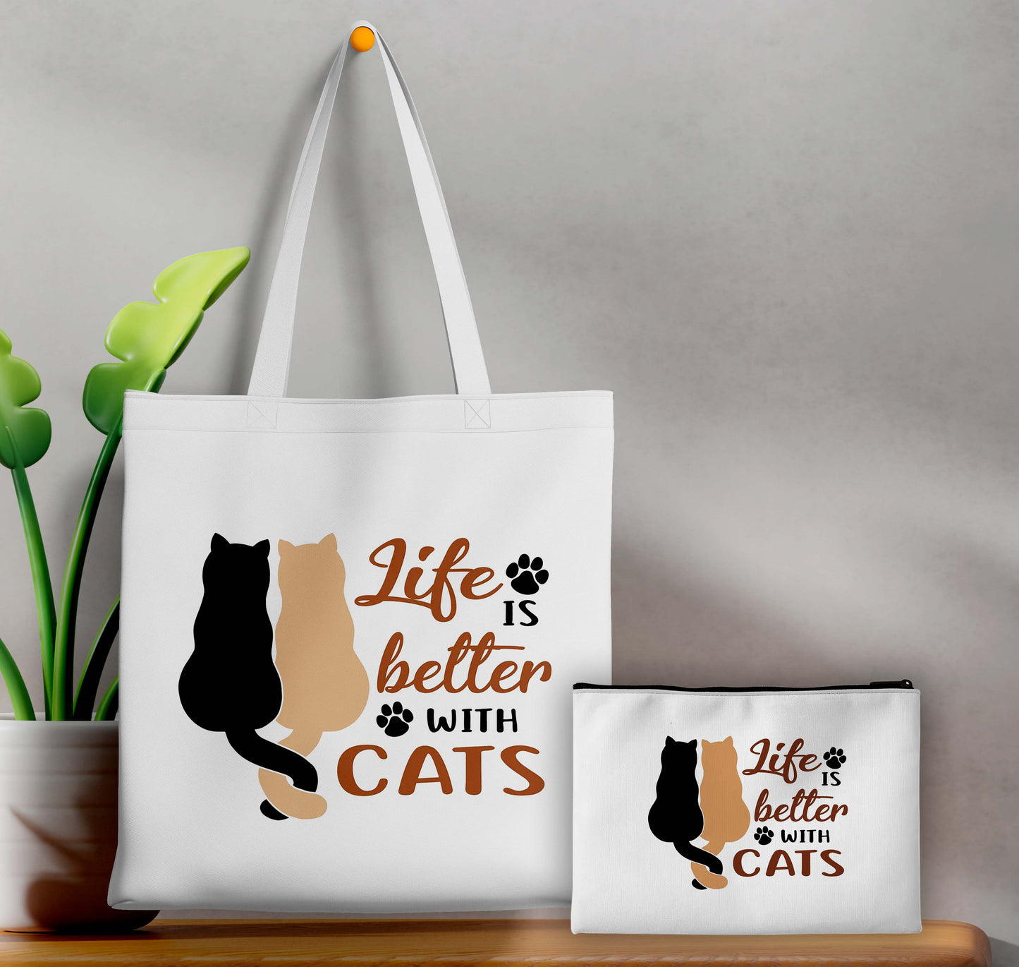 Life IS better with cats Printed Design Tote Bag with Pouch Bag (14 X 16 Inches) For Shopping, College, Travel