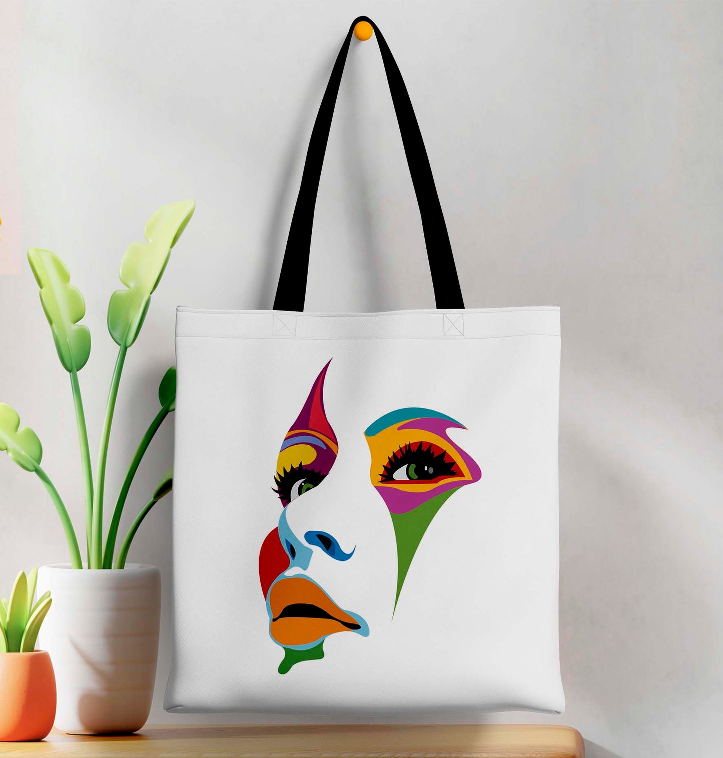 Paint Girl Face Printed Black Handle Tote Bag (14 X 16 Inches) For Shopping, College, Travel