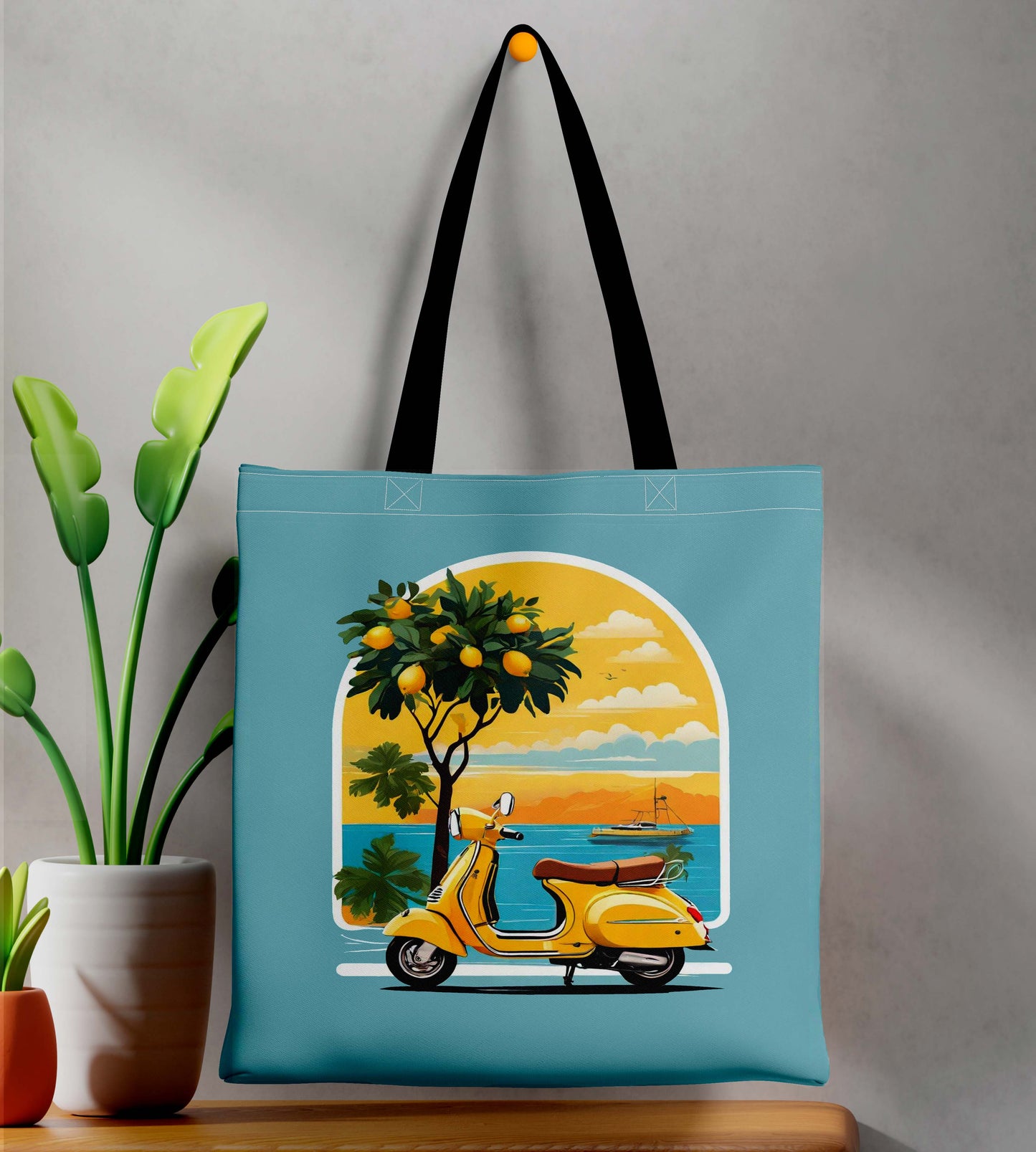 Scooter Design Printed Black Handle Tote Bag (14 X 16 Inches) For Shopping, College, Travel