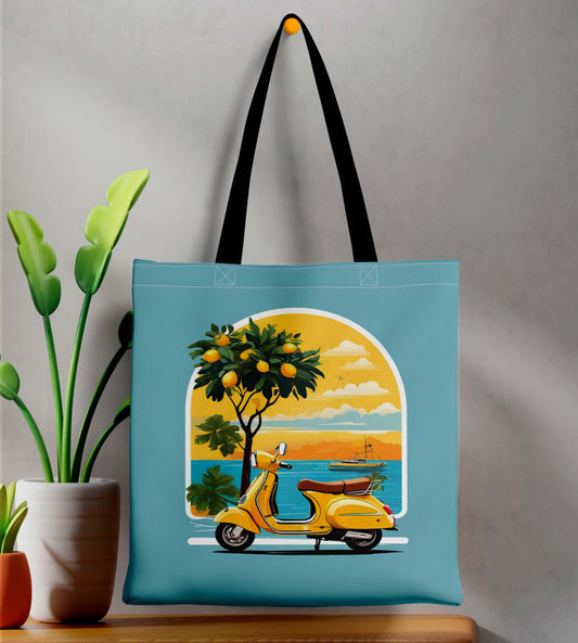 Scooter Design Printed Black Handle Tote Bag (14 X 16 Inches) For Shopping, College, Travel