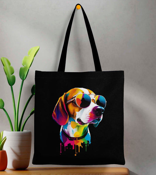 Paint Dog Printed Black Tote Bag (14 X 16 Inches) For Shopping, College, Travel