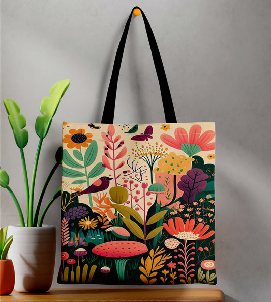 Beautiful Flowers Black Handle Tote Bag (14 X 16 Inches) For Shopping, College, Travel