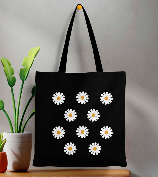 White Flower Printed Black Tote Bag (14 X 16 Inches) For Shopping, College, Travel