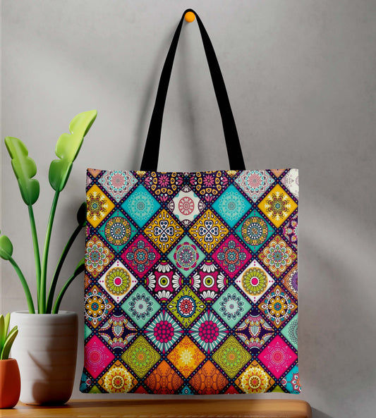 Mandala Design  Printed Black Handle Tote Bag (14 X 16 Inches) For Shopping, College, Travel