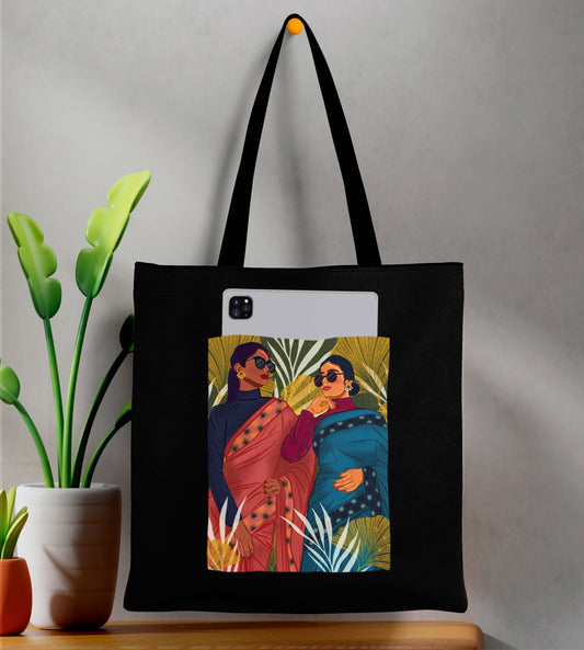 Women wearing glasses Design Printed Black With Pocket Tote Bag (14 X 16 Inches) For Shopping, College, Travel