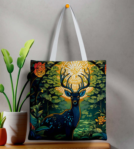 Colourful Deer White Printed Tote Bag (14 X 16 Inches) For Shopping, College, Travel