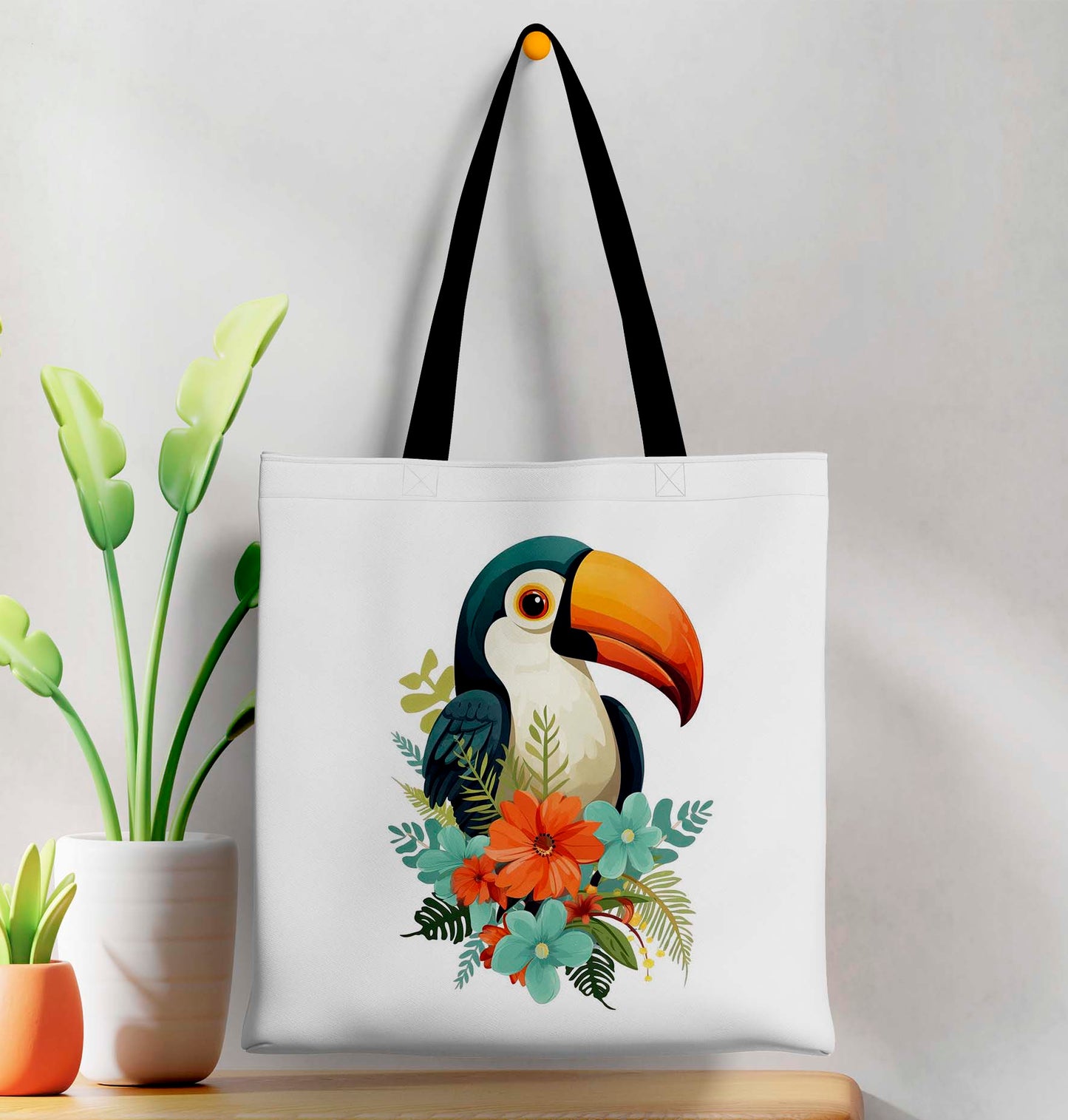 Parrot Printed Black Handle Tote Bag (14 X 16 Inches) For Shopping, College, Travel