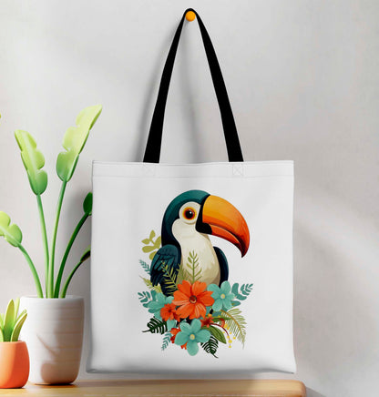Parrot Printed Black Handle Tote Bag (14 X 16 Inches) For Shopping, College, Travel