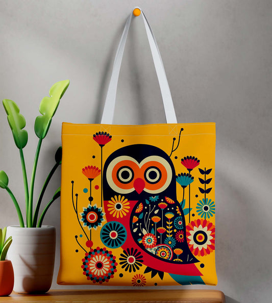Owl White Printed Tote Bag (14 X 16 Inches) For Shopping, College, Travel