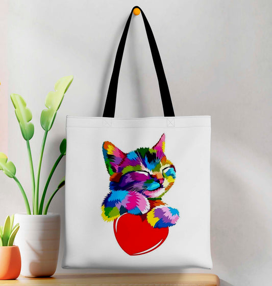 Paint Cat With Heart Printed Black Handle Tote Bag (14 X 16 Inches) For Shopping, College, Travel