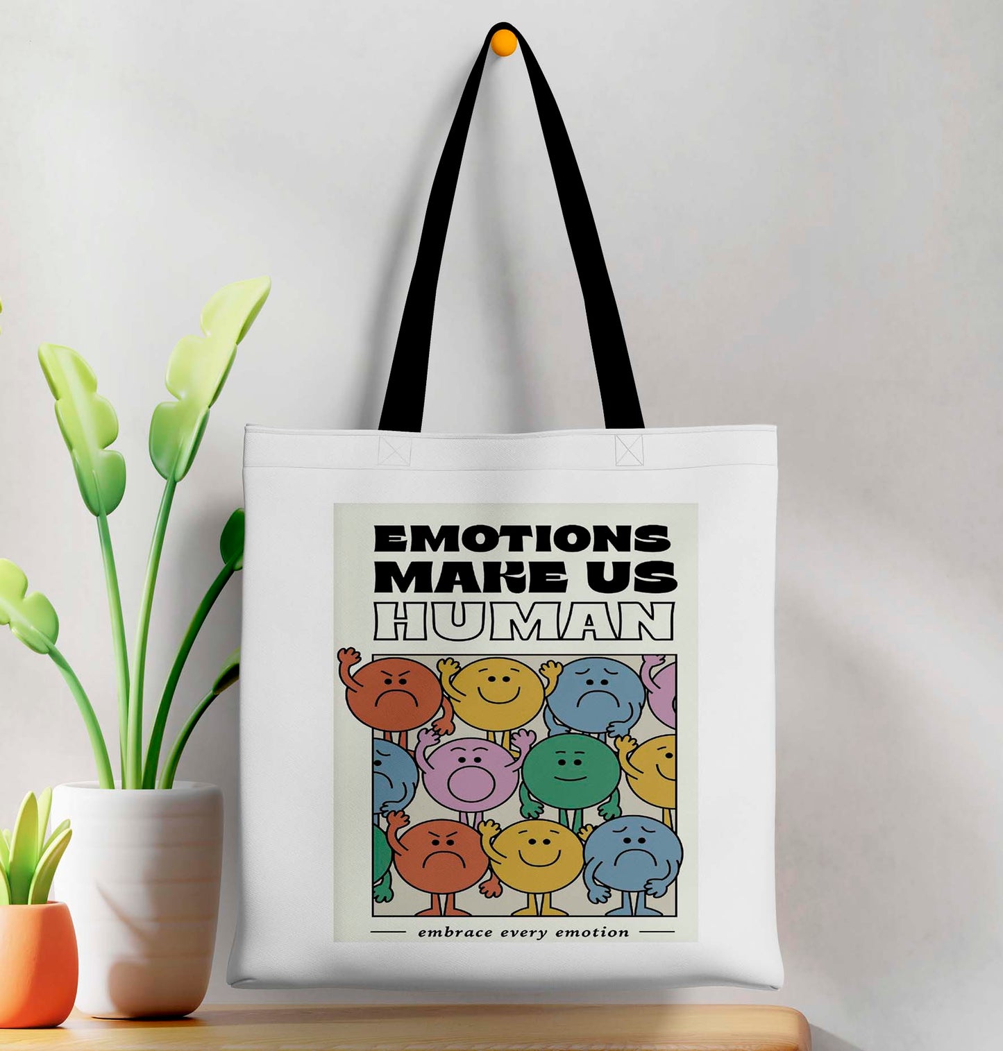Emotion makes us Human Printed Black Handle Tote Bag (14 X 16 Inches) For Shopping, College, Travel