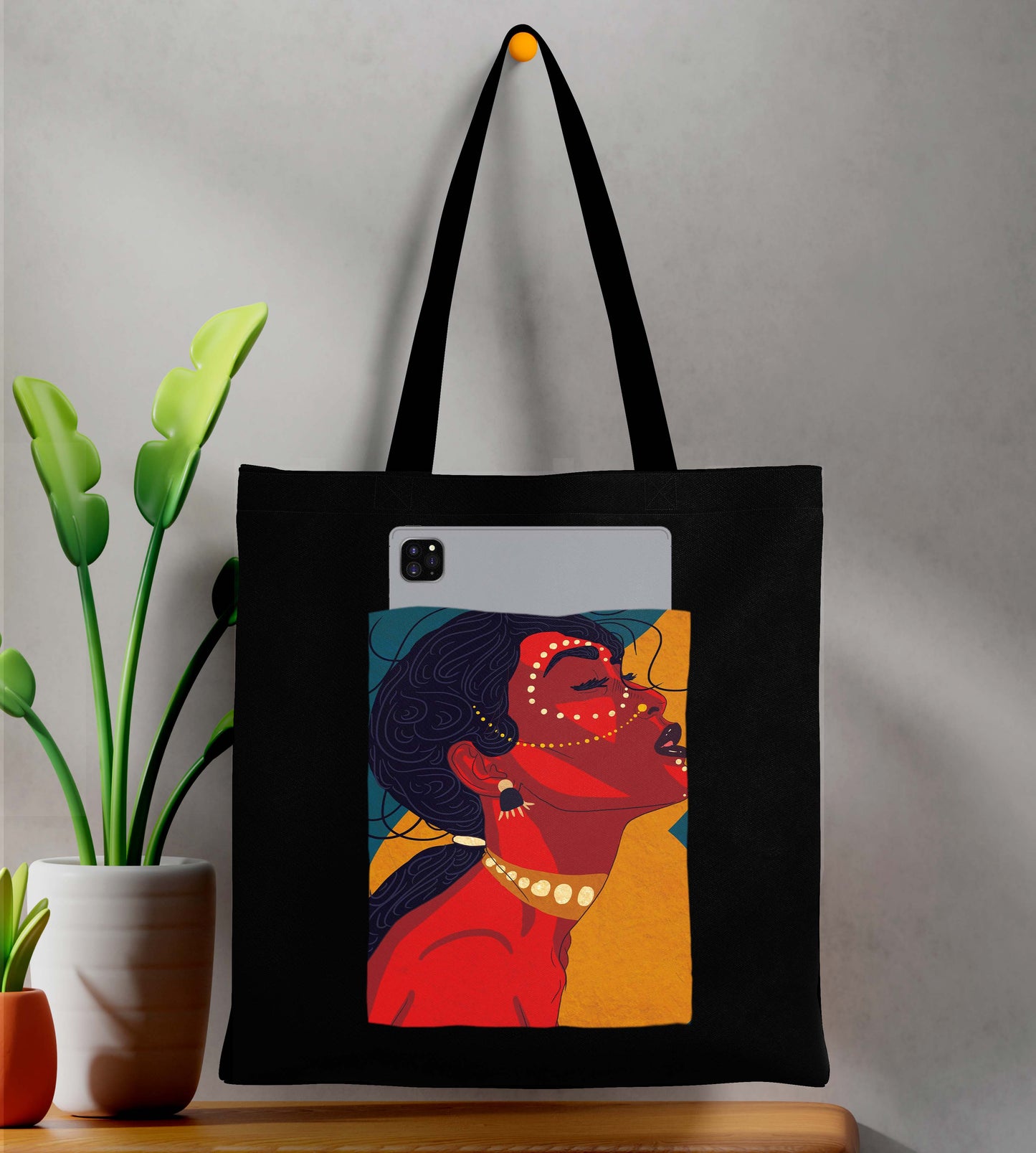 Abstract Woman Design Printed Black With Pocket Tote Bag (14 X 16 Inches) For Shopping, College, Travel