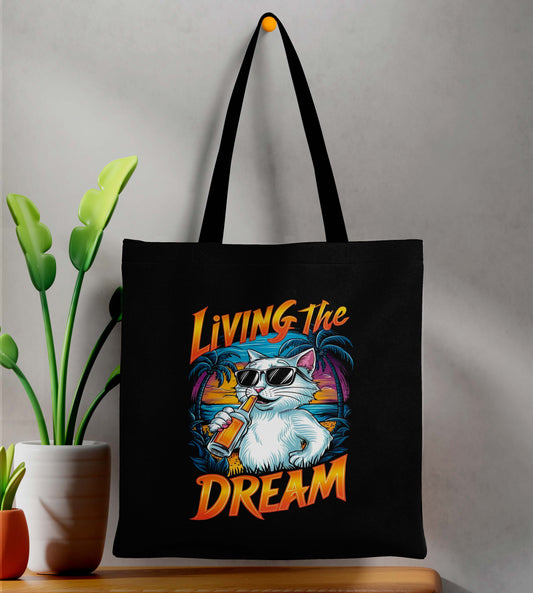 Living The Dreams Printed Black Tote Bag (14 X 16 Inches) For Shopping, College, Travel