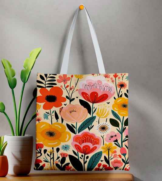 Beautiful Flower White Printed Tote Bag (14 X 16 Inches) For Shopping, College, Travel
