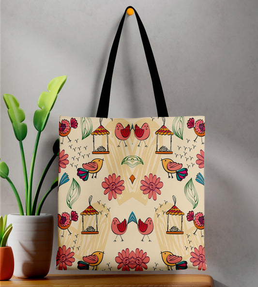 Birds And Flower Design Print Black Handle Tote Bag (14 X 16 Inches) For Shopping, College, Travel (Copy)